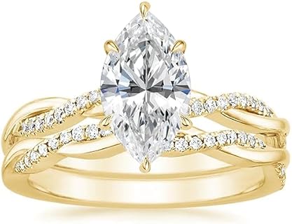 Stunning 2ct Marquise Moissanite Yellow Gold Wedding Set For Her - Classic Solitaire Engagement Ring With Promise Ring Design