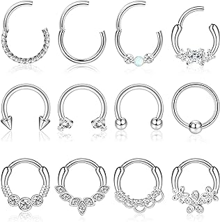 12PCS 16G Septum Clicker Ring 316L Stainless Steel Septum Ring CZ Opal Cartilage Helix Tragus Hoop Daith Earrings Hinged Segment Clicker Ring Zirconia Nose Rings Hoop 10MM Nose Piercing Jewelry