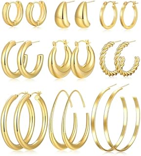 9 Pairs Chunky Gold Hoop Earrings Set for Women, 14K Gold Plated Lightweight Hypoallergenic Thick Open Hoop Earrings for Gift