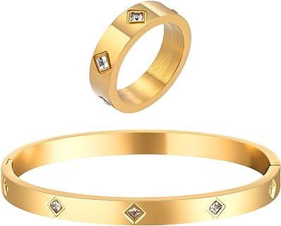 Gold Rings Bracelets Jewelry Gifts - 18K Gold Plated Love Friendship Bracelet Cubic Zirconia Bangle with Ring Set ,Wedding Party Christmas Valentine's Day Birthday Gift for Her Women Mom Girlfriend