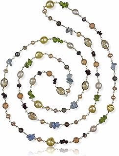 Artisanal Wire Wrapped Multi-Gemstone & Freshwater Pearl Necklace with Ball Chain & Labradorite Gems, Perfect Gift for Style-Savvy Individuals
