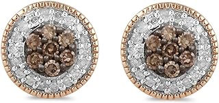 Jewelili Rose Gold over Sterling Silver 1/4 Cttw Natural White and Champagne Round Diamonds Cluster Stud Earrings