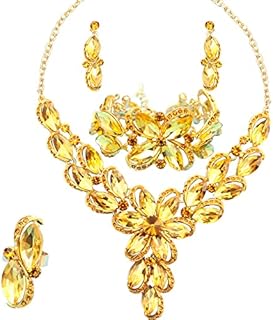 Jewelry Set for Women Rhinestone Austrian Crystal Statement Flower Necklace Link Bangle Bracelet Dangle Earrings Rings Allergy Free Wedding Party Jewelry Set for Bridal Bridesmaid