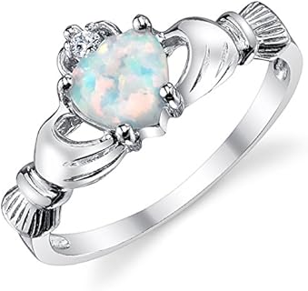 Sterling Silver 925 Irish Claddagh Love and Friendship Ring with Simulated Opal Heart for Women, Classic Design