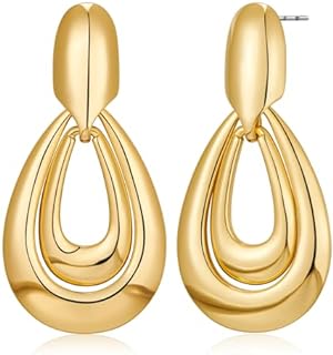 Women's Gold Geometric Brass Drop Earrings with Push Back Design, Elegantly Dangle Statement for Sophisticated Chic