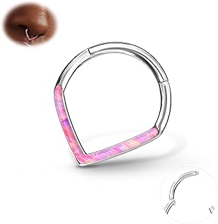 BodyBonita Opal 16G Septum Rings Teardrop - 316L Surgical Steel Hinged Nose Rings Hoops Septum Clicker Hypoallergenic Conch Helix Piercing Jewelry Daith Cartilage Earring Pink/Blue/White Opal-10mm/8mm Silver/Gold Plated