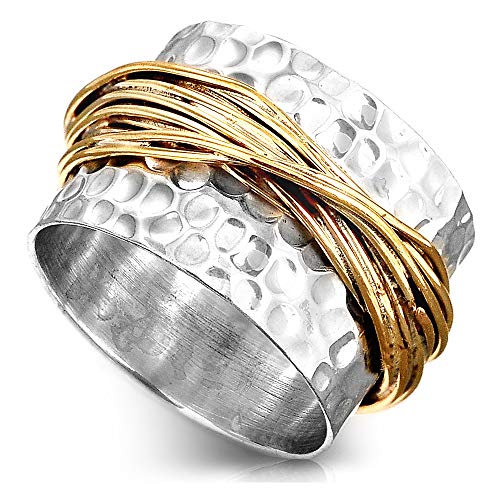 925 Sterling Silver Band Ring for Women with Brass Wrap Wide Statement Ring