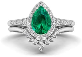 10K 14K 18K Gold Art Deco Gemstone Engagement Ring Set with 0.36 Cttw Natural Diamond for Women Vintage Pear Shaped 2 Pieces Birthstone Ring Set