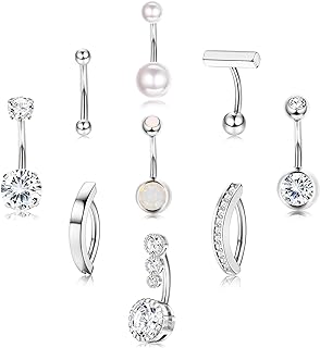 FIASASO 9 Pcs Gold Belly Button Ring Surgical Stainless Steel Belly Rings CZ Opal Pearl Belly Button Ring Clicker Belly Piercings for Women Navel Piercings Pack Silver/Gold