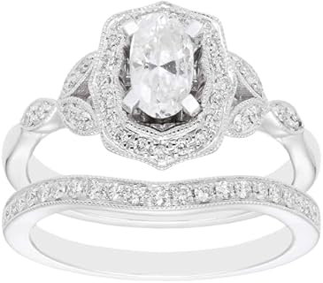 14K White Gold Oval Diamond Engagement Ring with Scalloped Halo & Matching Wedding Band Set - Size 5