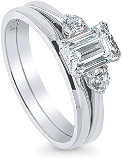BERRICLE Sterling Silver 3-Stone Wedding Engagement Rings Emerald Cut Cubic Zirconia CZ Ring Set for Women, Rhodium Plated Size 4-10