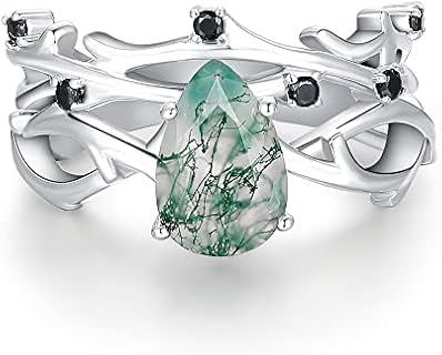 Art Deco Platinum Plated Sterling Silver Wedding Ring Set with Natural Moss Agate & Black Spinel for Women, Vintage Vines Design