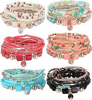 Rope Chain Cubic Zirconia Stretch Bead Bracelets by Udalyn - Set of 6 Bohemian Stackable Bangles for Women - Alloy and Acrylic Material - Versatile and Adjustable Design