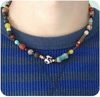 90s Beaded Necklace Color Surfer Crystal Stone Gemstone Wooden Bead Britpop Summer Choker Necklace for Men Women