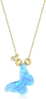 14k Solid Gold Diamond Butterfly Necklace for Women | Opal Animal Necklace in 14k Gold | Birthstone Butterfly Pendant Necklace | Delicate 14K Gold Jewelry | Gifts for Mom, 18"