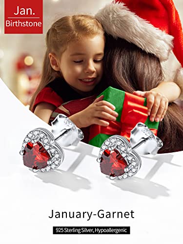 925 Sterling Silver Heart/Round/Pear/Emerald Cut Birthstone Halo Stud Earrings for Women Birthday Jewelry (with Gift Box)