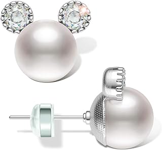 "Push Back" Sterling Silver Pearl Earrings with Mouse Design for Girls and Women by PANSTAR - Hypoallergenic Gems & White Gold Finish Stud Earrings in Gift Box