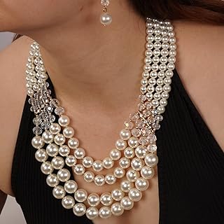 Gatsby-Inspired Vintage Layered Crystal Choker Necklace and Earrings Set with Lobster Clasp for Women, Boho Chic Design with Faux Pearls and Crystals