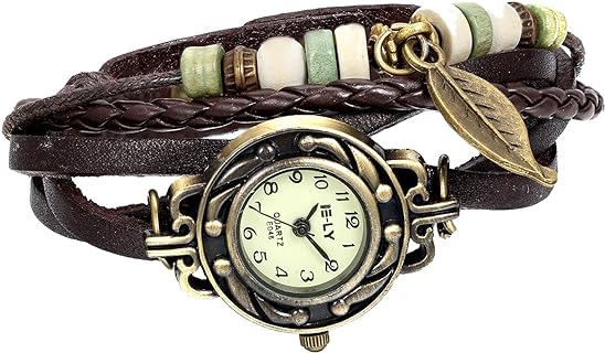 Vintage Leaf Bead Women's Watch Bracelet with Tang Buckle, Quartz Movement and PU Leather Band