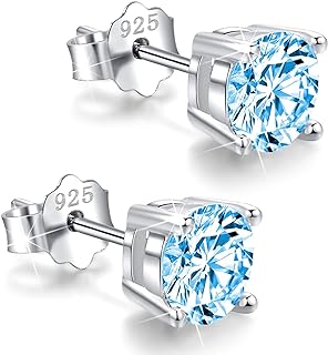 925 Sterling Silver Round-Cut Blue Cubic Zirconia Stud Earrings 3mm-8mm Options, Simulated Diamond CZ Studs Hypoallergenic Jewelry