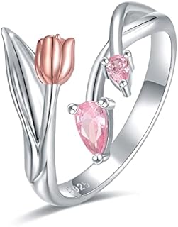 925 Sterling Silver, Rose Gold Plated Tulip Engagement Ring with Cubic Zirconia for Women, Adjustable Floral Design