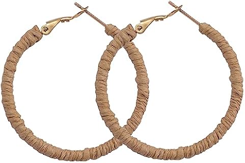 SELOVO Women's Raffia Wrapped Stainless Steel Hoop Earrings with Snap Back Closure