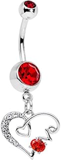 Stainless Steel Red Double Heart Love Scrawled Dangle Ring for Belly Button - Easy Clasp, Perfect for Body Jewelry Lovers, Unique Heart Design