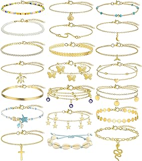 iF YOU 20 Pcs Gold Ankle Bracelets Set for Women Girls, Boho Colorful Beach Beaded Chain Anklet Bracelet, Starfish Turtle Adjustable Anklet Foot Jewelry.…