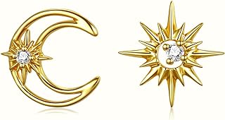 NFYBD 14k Real Gold Moon and Star Stud Earrings for Women, Yellow Gold Crescent Moon North Star Celestial Desgin Earring for Her Wife Girl Mom Jewelry Gifts for Birthday Christmas Anniversary