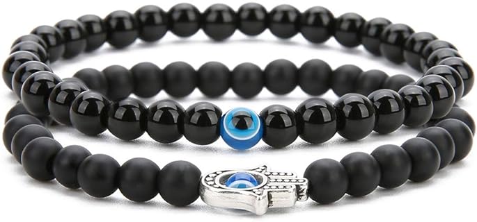 BALIBALI 2Pcs Set Handmade Elastic 6mm Black Agate Beads Bracelet Natural Stone Evil Eye Hamsa Fatima Hand Charm Beaded Couples Bracelets Kabbalah Bracelet