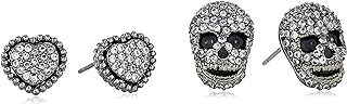 Betsey Johnson Skull & Heart Duo Stud Earrings with Push Back & Cubic Zirconia Detailing
