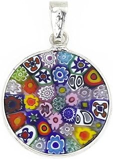 Glass Of Venice Small Murano Glass Millefiori Pendant Necklace Round Multicolor in Sterling Silver Frame For Women 3/4 Inch 18mm - Handmade In Italy