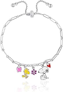 PEANUTS Womens Adjustable Lariat Charm Bracelet - Silver Plated Enamel Charm Bracelet with Snoopy - Official License