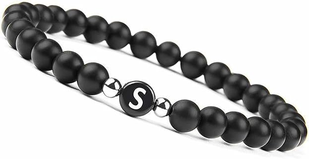 Choistily Initial Bracelet for Women Girls Black Onyx Beaded Bracelet A-Z Charm Handmade Bracelets Black Obsidian Bracelet Natural Stone Stretch Bracelet Friendship Bracelet Jewelry Gifts