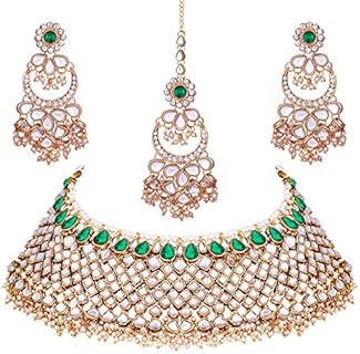 Aheli Exquisite Kundan Pearl and Green Color stones Indian Traditional Ethnic Wedding Necklace Earrings with Maang Tikka Set Bollywood Party Statement Jewelry for Women