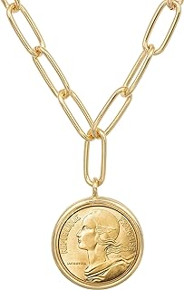 American Coin Treasures Pendant Marianne Coin Necklace- 18 Inch Paper Clip Style Chain- Goldtone Round Bezel- French 20 Centimes