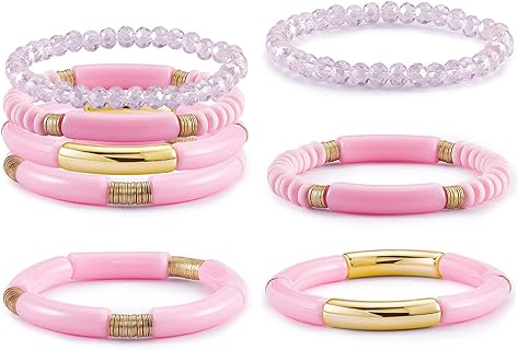 Ornaland 4Pcs Acrylic Bamboo Tube Stretch Bracelets, Cord Chain Polymer Clay Bangle Sets, Stackable Glass Bead Wrist Jewelry for Women & Men