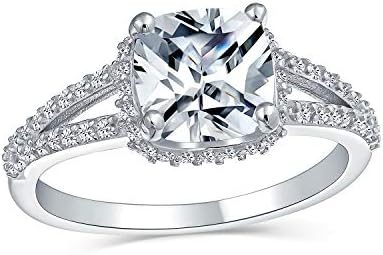 Classic Split Shank Cushion Cut Engagement Ring with Canary Yellow or Clear 3CT AAA CZ Halo Solitaire in .925 Sterling silver for Women - Hypoallergenic and Eco-Friendly