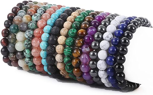 15 PCS 8mm Gorgeous Semi-Precious Gemstones Bracelets Round Beaded Bracelets for Women Men Stone Crystal Healing Stretch Beads Bracelet Unisex