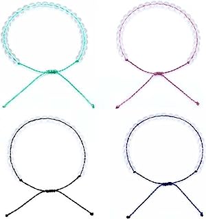 Handmade Beaded Bracelet with Glass Beads Ocean Bracelets Recycled Plastic Cord Adjustable String Braided Weaving Rope Crystal Clear Seed Healing Power Jewelry for Girls Boys Unisex Women Men 4Pcs