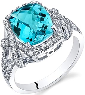 PEORA Swiss Blue Topaz Imperial Ring for Women 14K White Gold, Genuine Gemstone, 3.50 Carats Cushion Cut 10x8mm, Sizes 5 to 9
