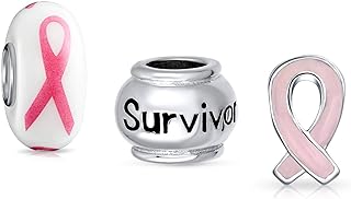 Breast Cancer Support Crystal Charm Bracelet with Lobster Clasp, Rhodium-Plated Silver, for Women - Pink Ribbon Design on Genuine Pink Leather Band, No Gemstone - Available in 6, 7, 8 Inch Sizes