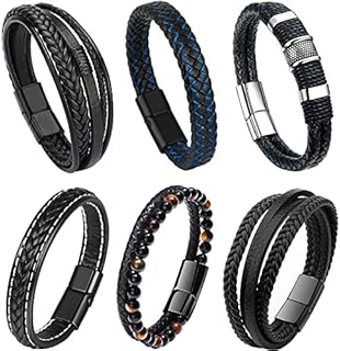 RIOSO 6 Pieces Mens Leather Bracelet Stainless Steel Multi-layer Braided Black Leather Bracelets for Men