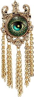 Knighthood Brooch Pin Gold Crowned Green Evil Eye with Hanging Chain Brooch Suit Stud Lapel Pin