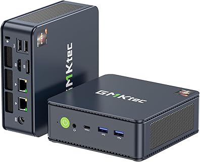 GMKtec Mini PC AMD Ryzen 7 5825U ideal para profesionales, con 16 GB de RAM y 512 GB SSD, Doble LAN, soporte para triple pantalla 4K y WiFi 6E. Perfecto para uso diario