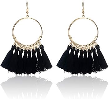 IDB Delicate Fringe Hoop Tassel Earrings with a Large 3 13/16" (3.82" / 98mm) Drop- Small Hoops with Nylon Cord Tassels - Multiple Colors Available