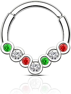 Christmas Cubic-Zirconia Septum Nose Ring in Red and Green V-Shape: Stylish Stainless Steel Jewelry for Piercing Enthusiasts