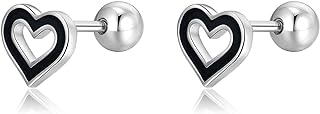 Sterling Silver Screwback Black Heart Stud Earrings with Cubic Zirconia for Women & Teen Girls - Small Open Heart Design