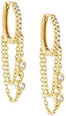 Round Cubic Zirconia Threader Hoop Earrings with Chain Dangle Drop Design for Women and Girls in S925 Sterling Silver, Hypoallergenic for Sensitive Ears, Huggie Hoops Style