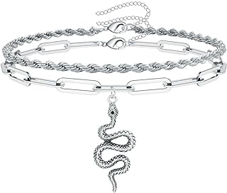2-Piece Boho Inspired Women's Layered Snake Chain Anklet Set with Lobster Claw Clasp in Silver Zinc, Featuring a Trendy Snake Pendant and Adjustable Size